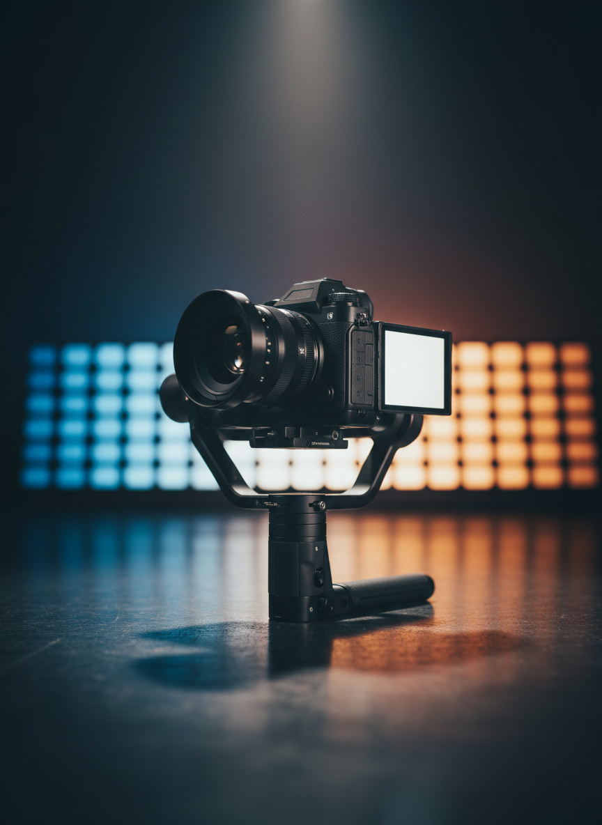 A close-up cinematic shot of a high-end mirrorless camera on a motorized gimbal, positioned on a polished studio floor with subtle reflections. The camera’s body shows intricate buttons, textured grip, and a premium metal lens hood. In the softly blurred background, modular LED light panels create a gradient of cool blue and warm amber tones, suggesting a professional set ready for dynamic brand content. A narrow beam of overhead spotlighting kisses the camera edges, producing a tasteful rim light and gentle shadow beneath. Captured from a low-angle perspective with a shallow depth of field, the composition feels dramatic and agile, embodying the precision, innovation, and motion-centric focus of a contemporary creative media agency, rendered with photorealistic cinematic clarity.