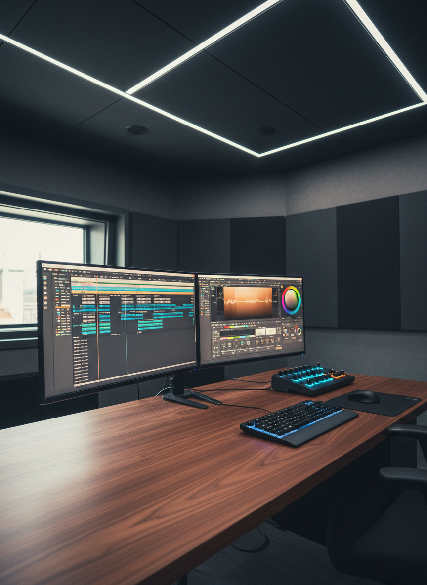 An ultra-wide cinematic view of a refined digital editing suite, featuring a long walnut desk with a subtle satin finish, hosting a dual-monitor setup displaying a high-end video timeline and color grading interface. A compact, backlit control surface with glowing dials and sliders sits next to a silent mechanical keyboard. Soft, diffused light from an unseen window combines with cool overhead LED strips, creating a balanced, professional ambiance with gentle reflections on the wood grain. The room’s walls are deep charcoal with acoustic panels arranged in a geometric pattern. Shot from a slightly elevated angle using the rule of thirds, the composition draws the eye toward the glowing screens, evoking a focused, sophisticated, and results-driven media production environment in a cinematic, modern style.