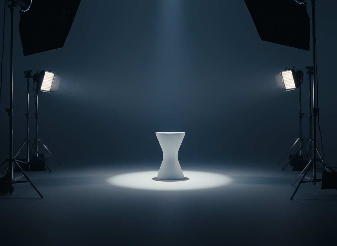 A dramatic cinematic scene of a minimalist studio set prepared for a brand shoot, featuring a single sculptural product pedestal in matte white placed on a seamless backdrop that transitions from deep midnight blue at the top to charcoal at the base. Around the perimeter, professional softboxes and LED panels on C-stands are partially visible, their metal frames catching subtle highlights. One key light casts a focused, controlled beam on the pedestal, creating a glowing island of attention with soft-edged shadows. Thin haze in the air gently diffuses the light, adding depth and texture. Shot from a slightly low, wide-angle perspective, the composition emphasizes negative space and clean lines, evoking elegance, focus, and premium production value in a sophisticated, cinematic visual style.