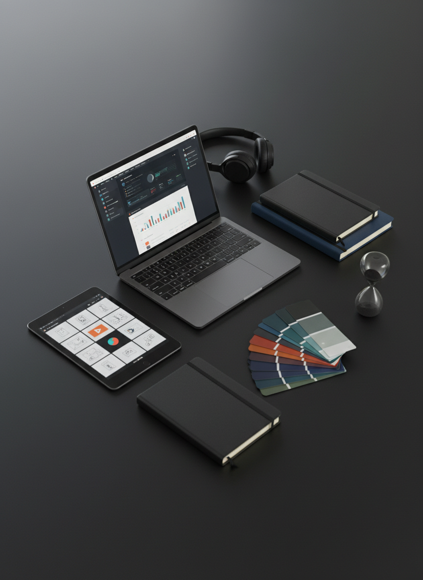 A meticulously arranged flat-lay of a media strategist’s workspace on a deep charcoal desk, featuring a slim laptop with a paused analytics dashboard, a black tablet showing a storyboard grid, and a set of sleek, matte-finished notebooks with metallic-edged pages. Beside them, color swatch cards and a minimalist glass hourglass add subtle sophistication. Overhead, soft, diffused lighting creates gentle, even illumination with delicate shadows outlining each object. A faint reflection is visible on the desk surface, adding depth. The composition is symmetrical yet slightly angled to feel dynamic, with a shallow depth of field that keeps the central devices in crisp focus. The overall mood is organized, intelligent, and strategic, representing the planning and content architecture behind a high-end digital media agency in a cinematic, contemporary style.