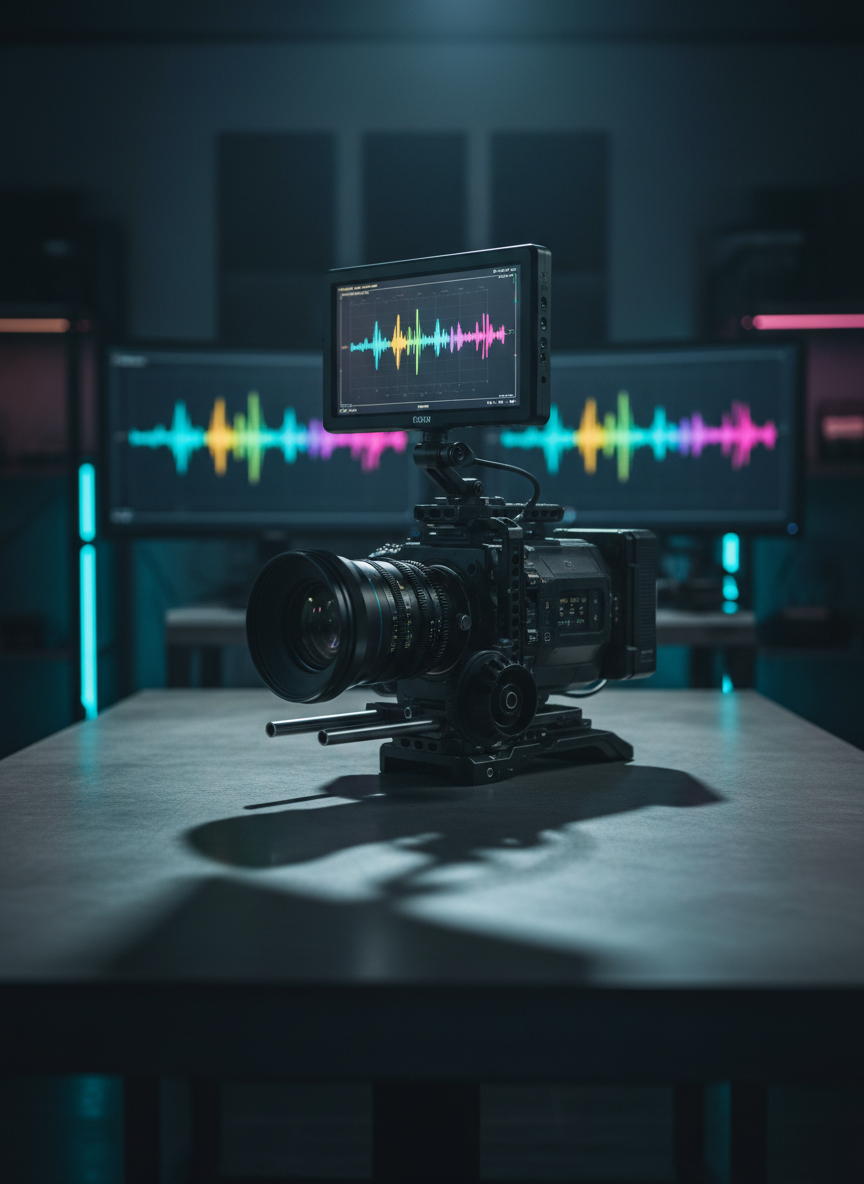 A sleek, matte-black professional cinema camera rig with a large lens, external monitor, and precision follow-focus system resting on a minimalist concrete tabletop. Around it, color-calibrated 4K monitors display abstract, vibrant motion graphics and waveform scopes, all slightly out of focus. Cool, directional studio lighting from the side creates cinematic reflections on metal surfaces and deep, dramatic shadows, emphasizing the camera’s contours. The background reveals a sophisticated, dark-toned production studio with subtle LED accent strips in cyan and magenta. Captured at eye level with a shallow depth of field, the composition centers the camera as the hero, conveying a premium, cutting-edge media agency aesthetic in a highly cinematic, photorealistic style.